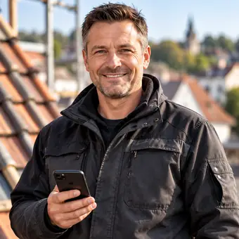 Dachdecker mit Smartphone auf dem Dach (KI generiert)