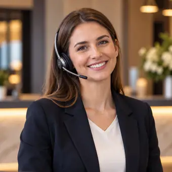 Hotel-Rezeptionistin mit Headset (KI generiert)